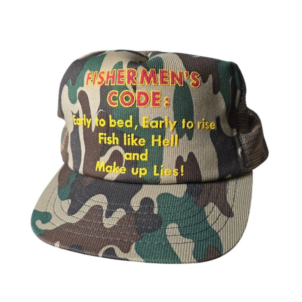 Vintage Camo Fisherman’s Code Trucker Hat Snapback Vented Funny Dad Cap Fathers